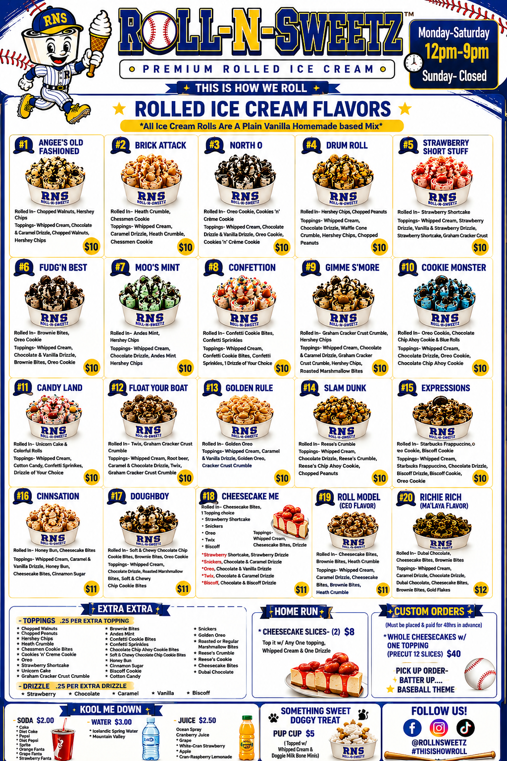 Roll-N-Sweetz premium rolled ice cream menu poster with all twenty signature rolls, toppings, cheesecake, drinks and pup cups