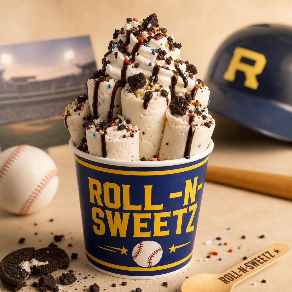 Six rolls of vanilla ice cream stacked in a blue and yellow Roll-N-Sweetz cup with sprinkles, cookie crumble and chocolate drizzle